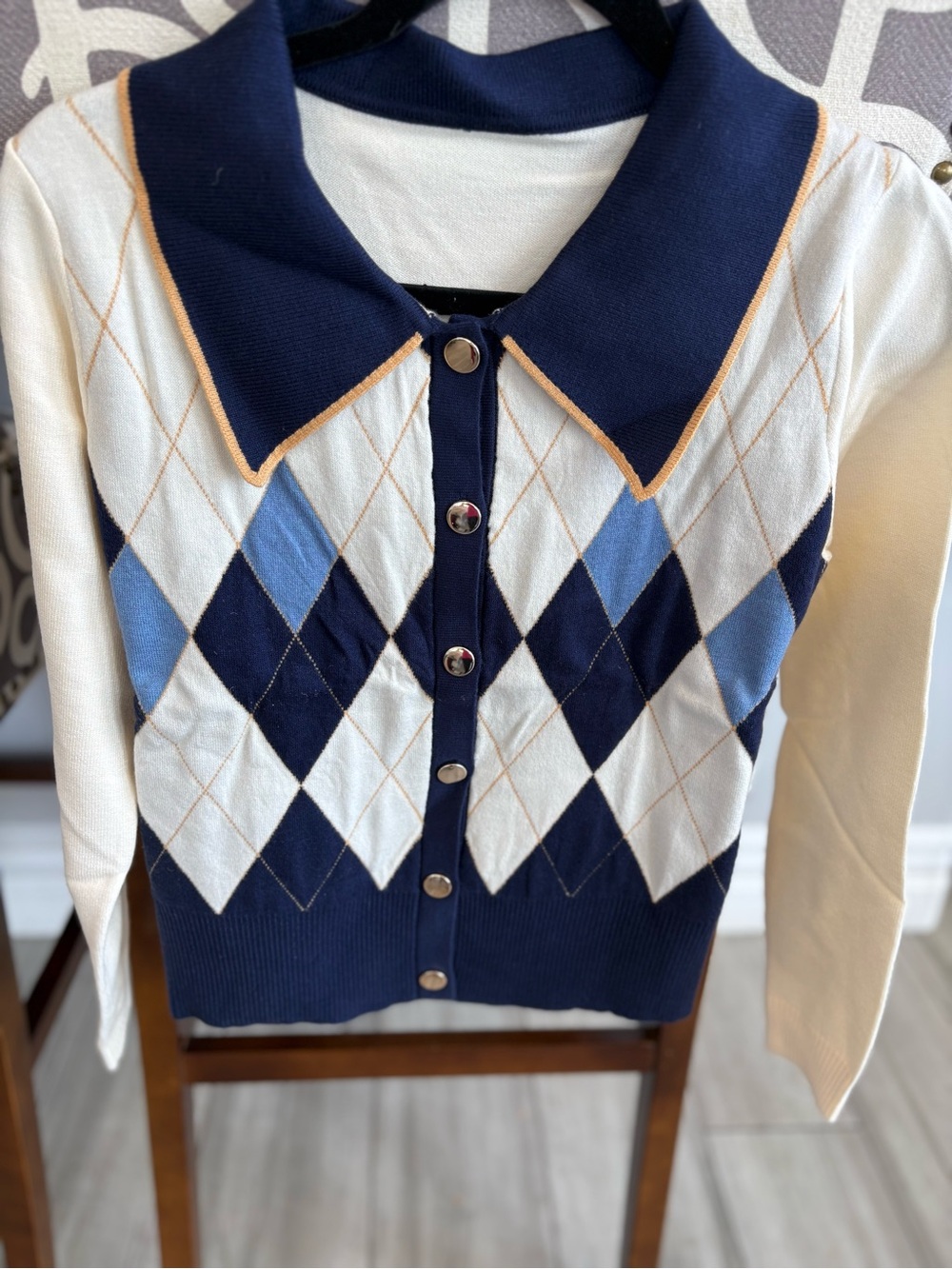 Navy & Cream Argyle Button-Up Sweater